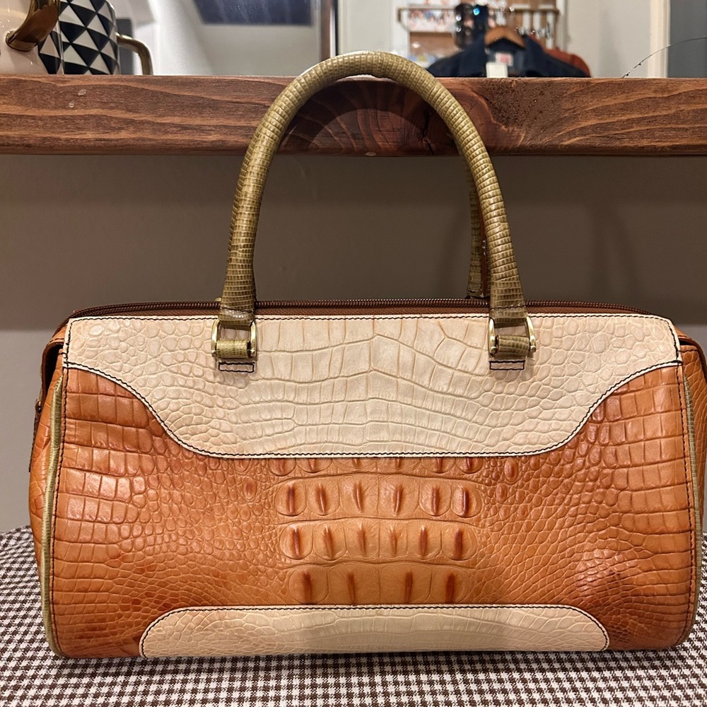 Vintage Brahmin croc-embossed leather satchel in a multicolor combination of tan